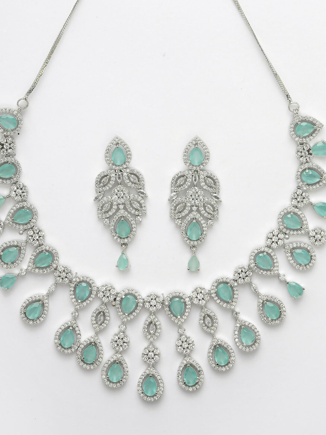 NVR Women's silver plated Turquoise CZ stone handcrafted jewellery set