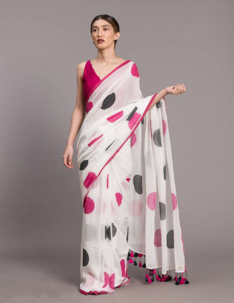 Suta White Pink Polka Dot Printed Pure Cotton Saree - Distacart