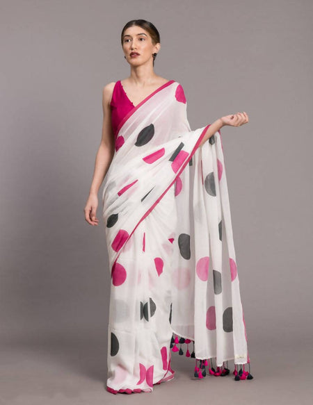 Suta White Pink Polka Dot Printed Pure Cotton Saree