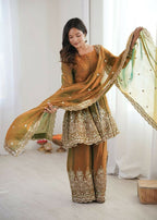 Teeya Creation Olive Color Fendy Satin Silk Embroidery Work Party Wear Salwar Suit - Distacart