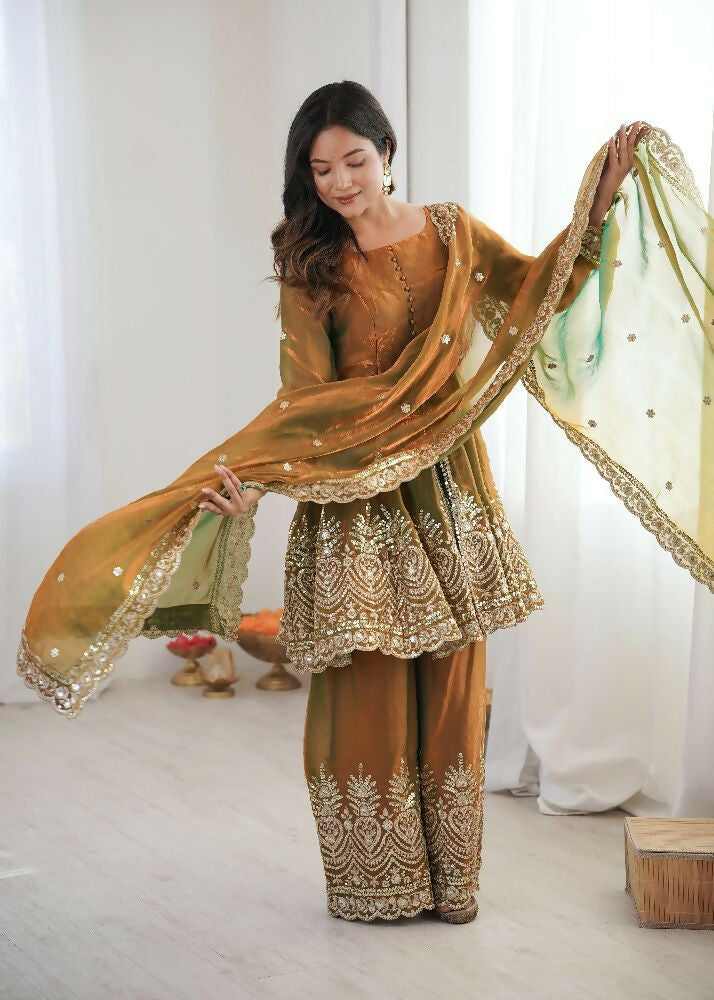 Teeya Creation Olive Color Fendy Satin Silk Embroidery Work Party Wear Salwar Suit - Distacart