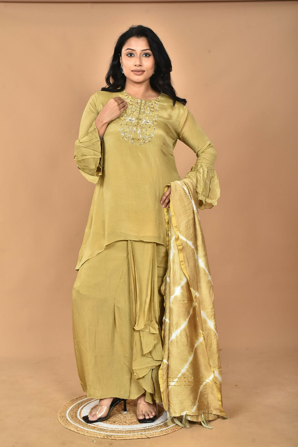Morchari Women And Hand Embroidery Palazzo Set-Mehandi Green