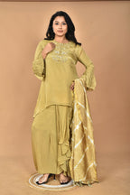 Morchari Women And Hand Embroidery Palazzo Set-Mehandi Green