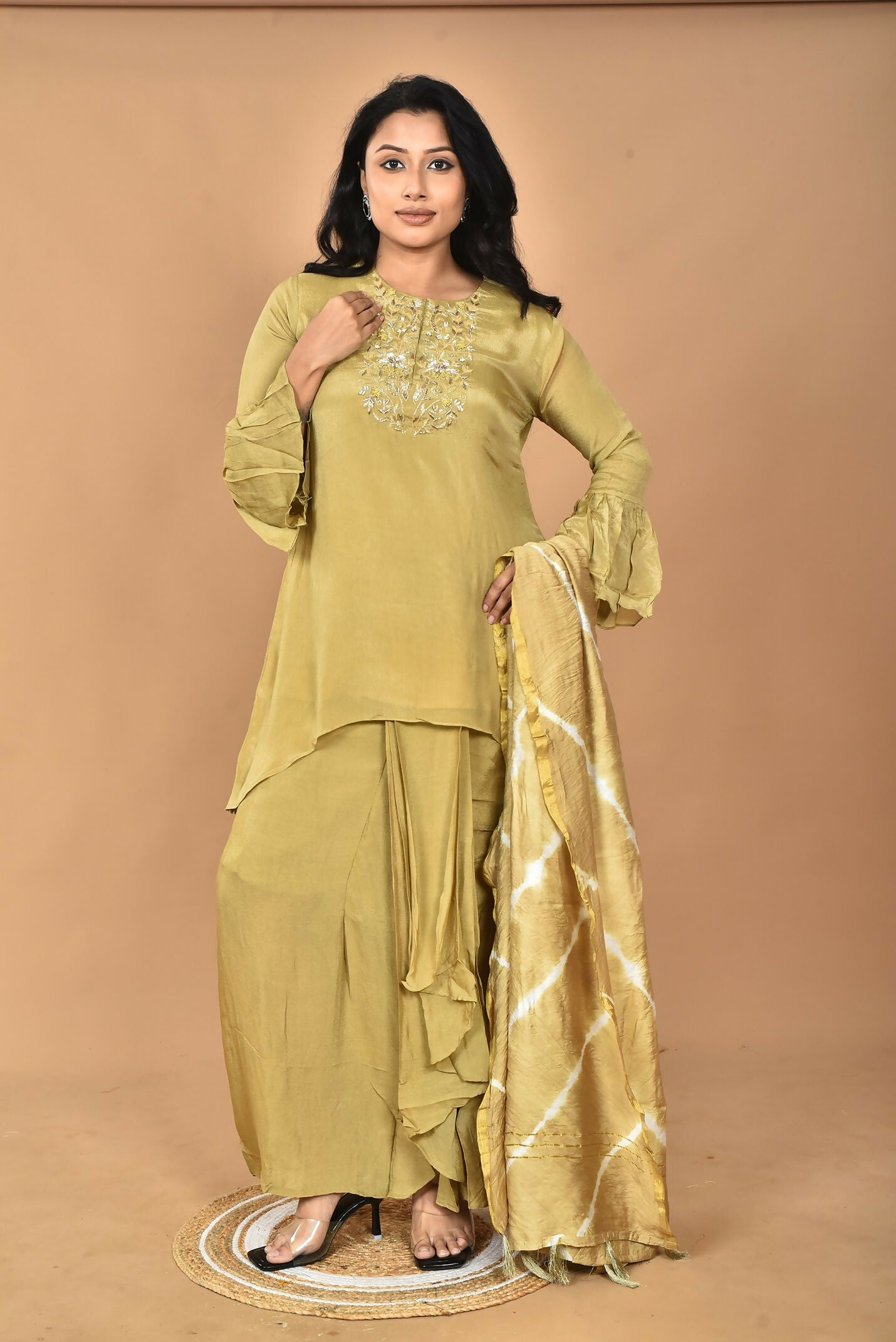 Morchari Women And Hand Embroidery Palazzo Set-Mehandi Green