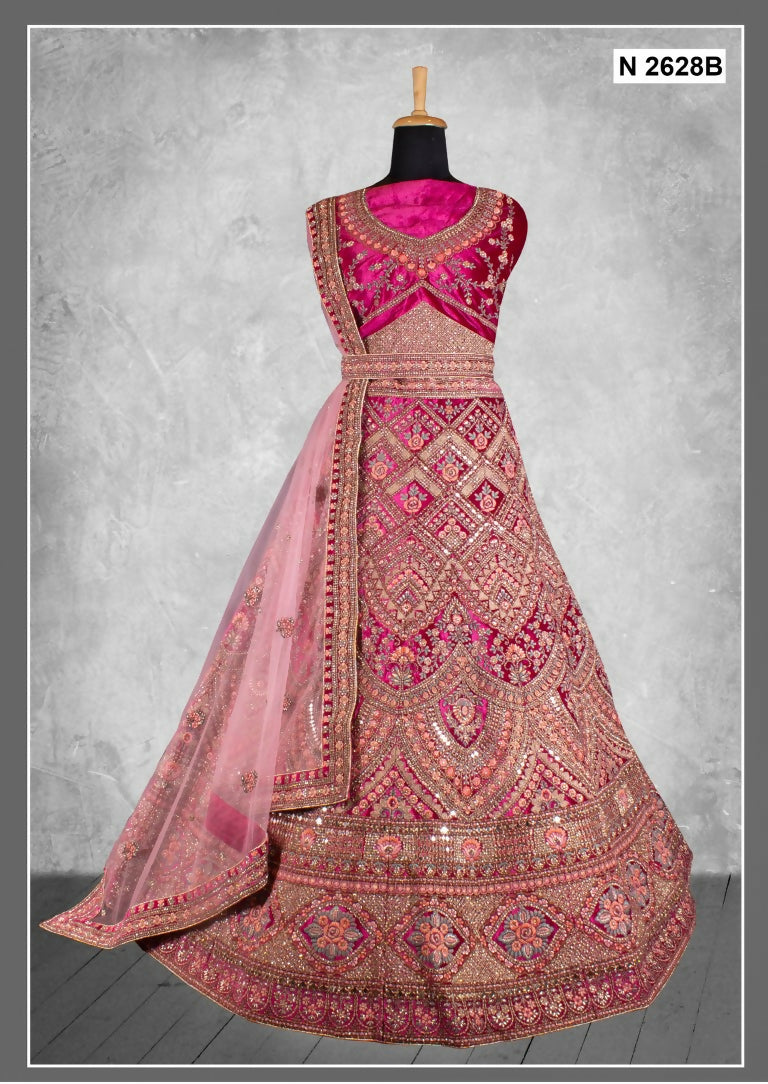 Pink Velvet Zardosi Work With Pure Mirror Work Lehenga Choli - Nimaya Tyohar