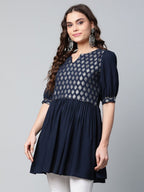 Ahalyaa Women Navy Blue Rayon Silver Foil Print Tunic - Distacart