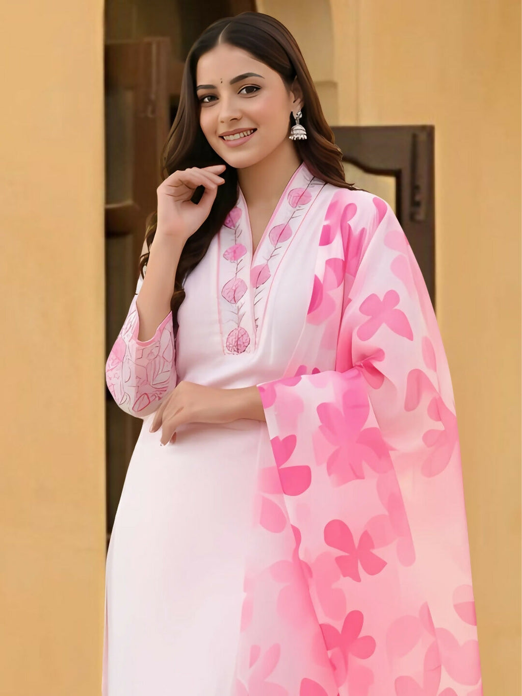 The52 Women's Beautiful Chanderi Fabric Printed Work Straight Kurta Pant and Dupatta Set - Distacart