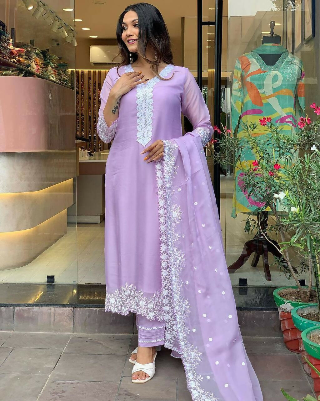 The52 Lavender Women's Gorgeous Embroidered Georgette Fabric Straight Kurta Pant with Dupatta Set - Distacart