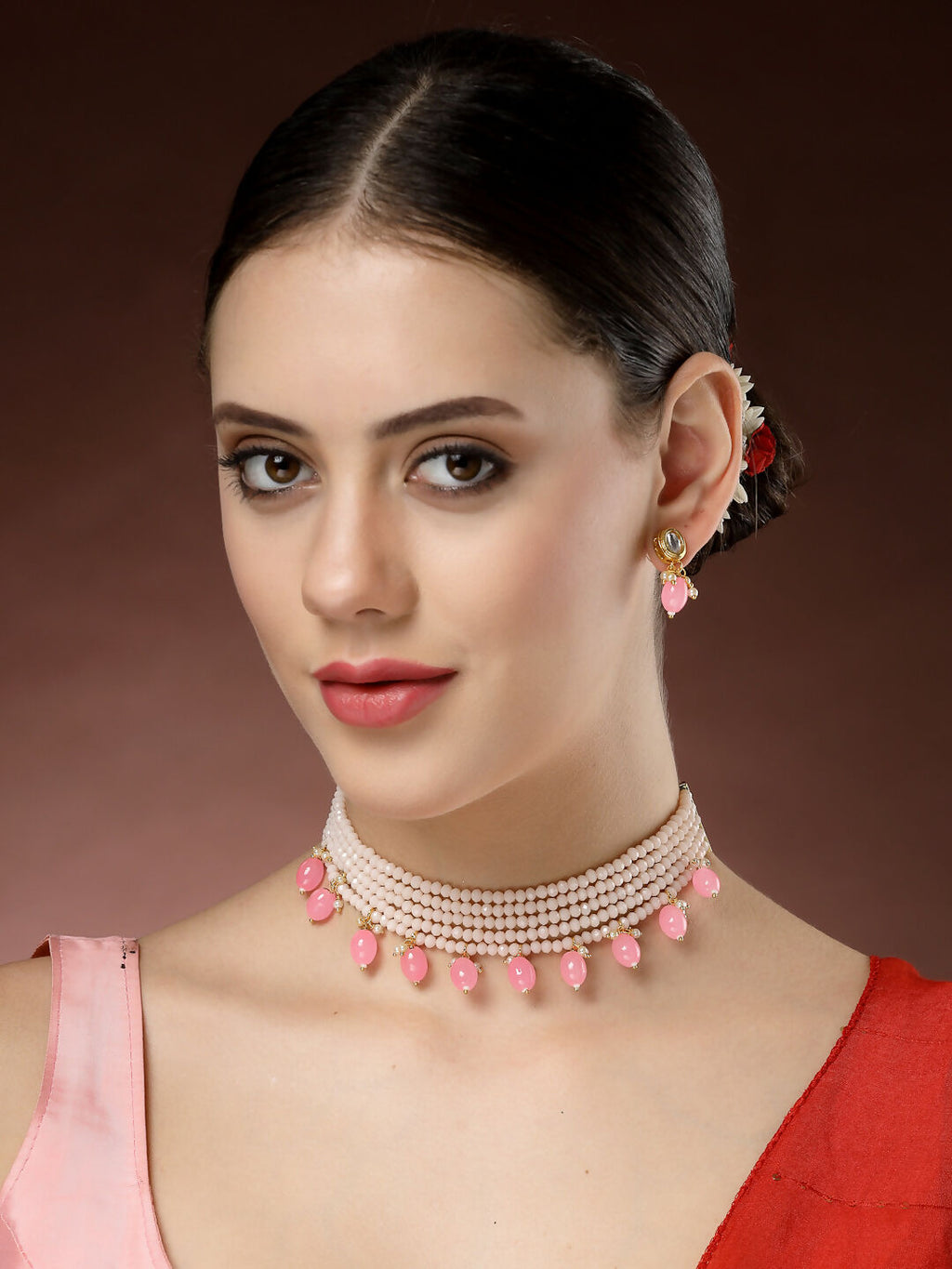 NVR Women's Pink Artificial Beads Layered Necklace with Drop Earring