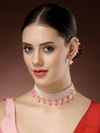 NVR Women's Pink Artificial Beads Layered Necklace with Drop Earring