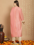Jyoti Fashion Women's Peach Chanderi Silk Elegant Jardoshi Semi Kurta with Trouser & Dupatta