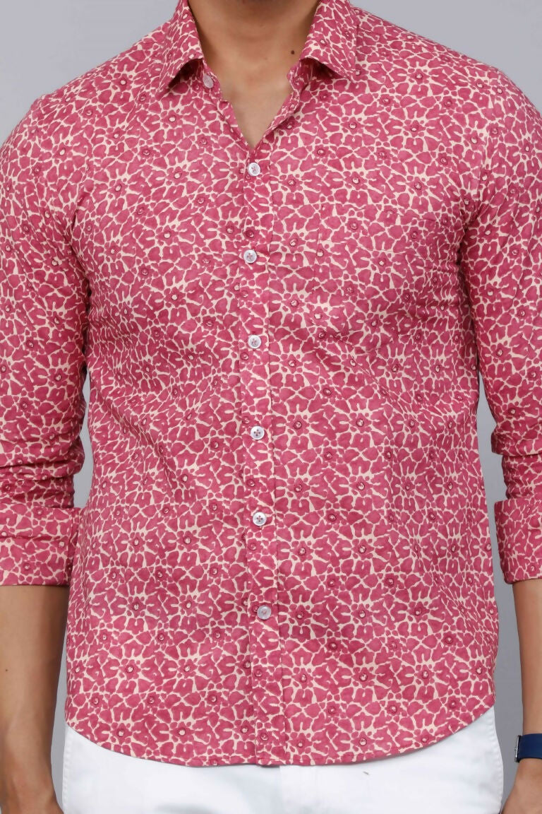 Miravan Men's Cotton Pink Floral Printed Shirt