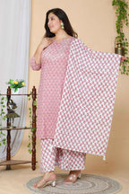 Miravan Women's Plus Size Pink Floral Printed Gotta Patti Pure Cotton Kurta With Palazzo & Dupatta Set