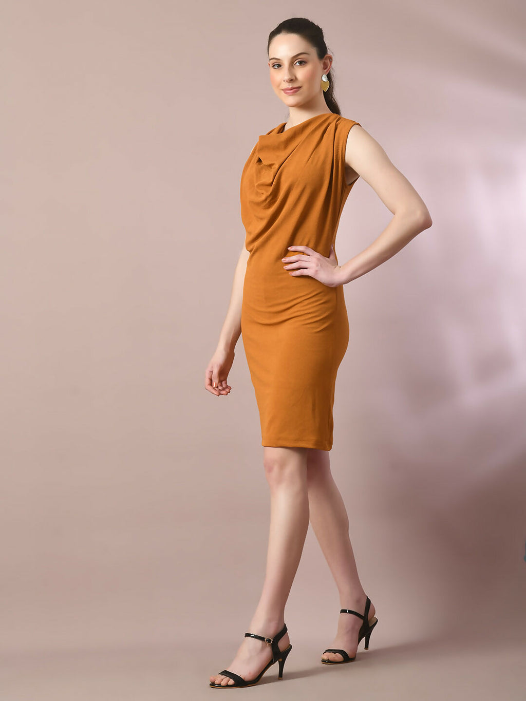 Myshka Women's Mustard Solid Cowl Neck Bodycon Party Dress - Distacart