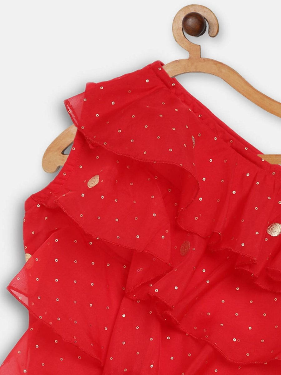 Ahalyaa Red Georgette Ruffel Kids Top With Bottom For Girls
