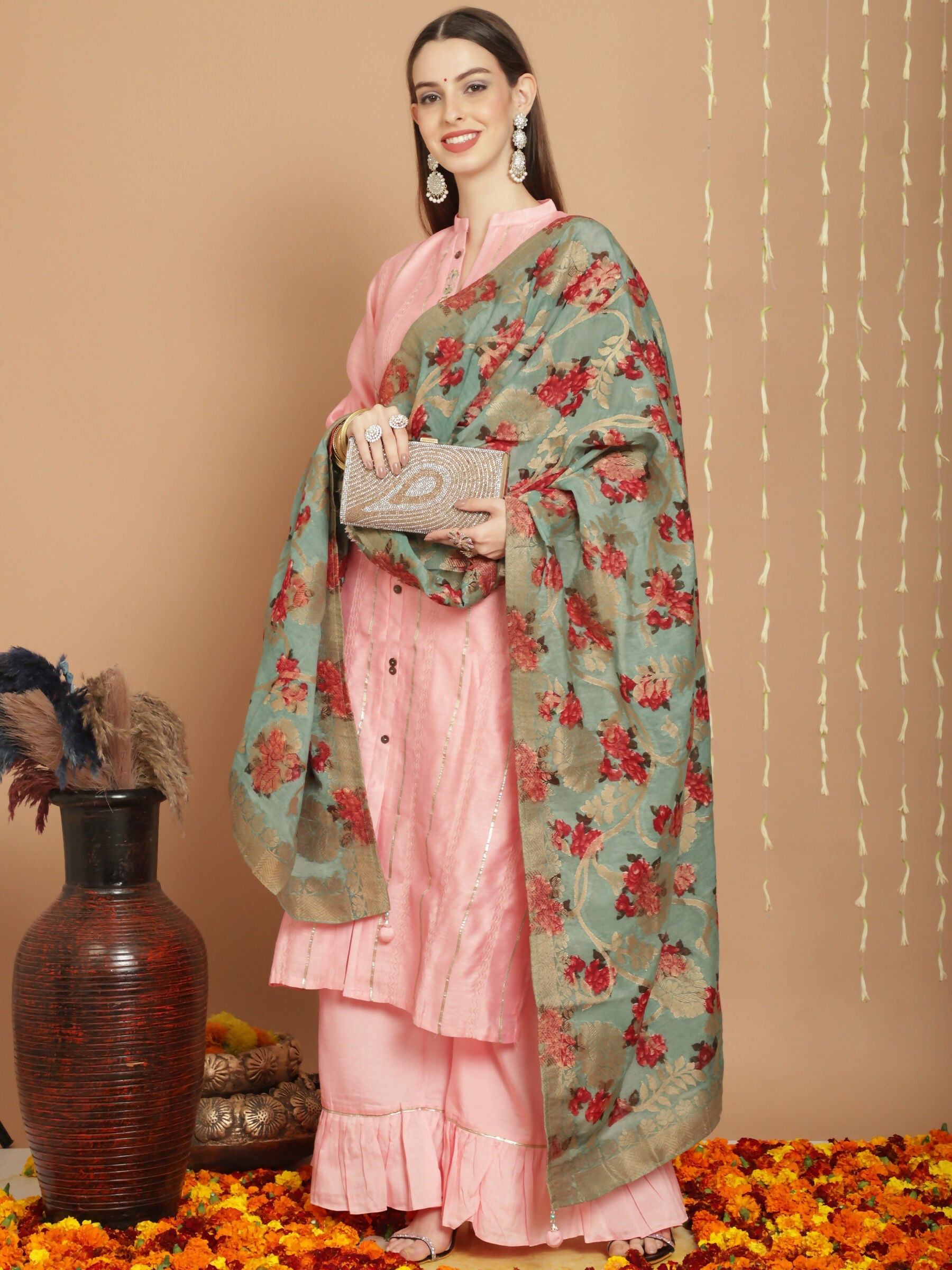 Jyoti Fashion Women's Peach Chanderi Silk Elegant Jardoshi Kurta with Trouser & Dupatta