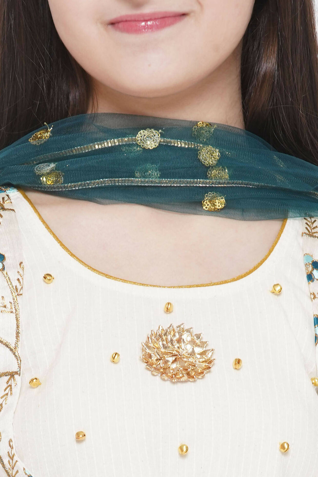 Little Bansi Blue Floral Embroidery Jacket with Cotton Kantha Frock Sharara and Dupatta with Ghungroo Handwork - Cream