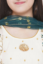 Little Bansi Blue Floral Embroidery Jacket with Cotton Kantha Frock Sharara and Dupatta with Ghungroo Handwork - Cream