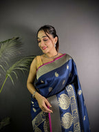 Joban Fashion Navy Blue Banarasi Soft Lichi Silk Paisley Saree - Distacart