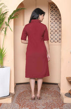 Miravan Womens Maroon Solid A-Line Dress With Belt