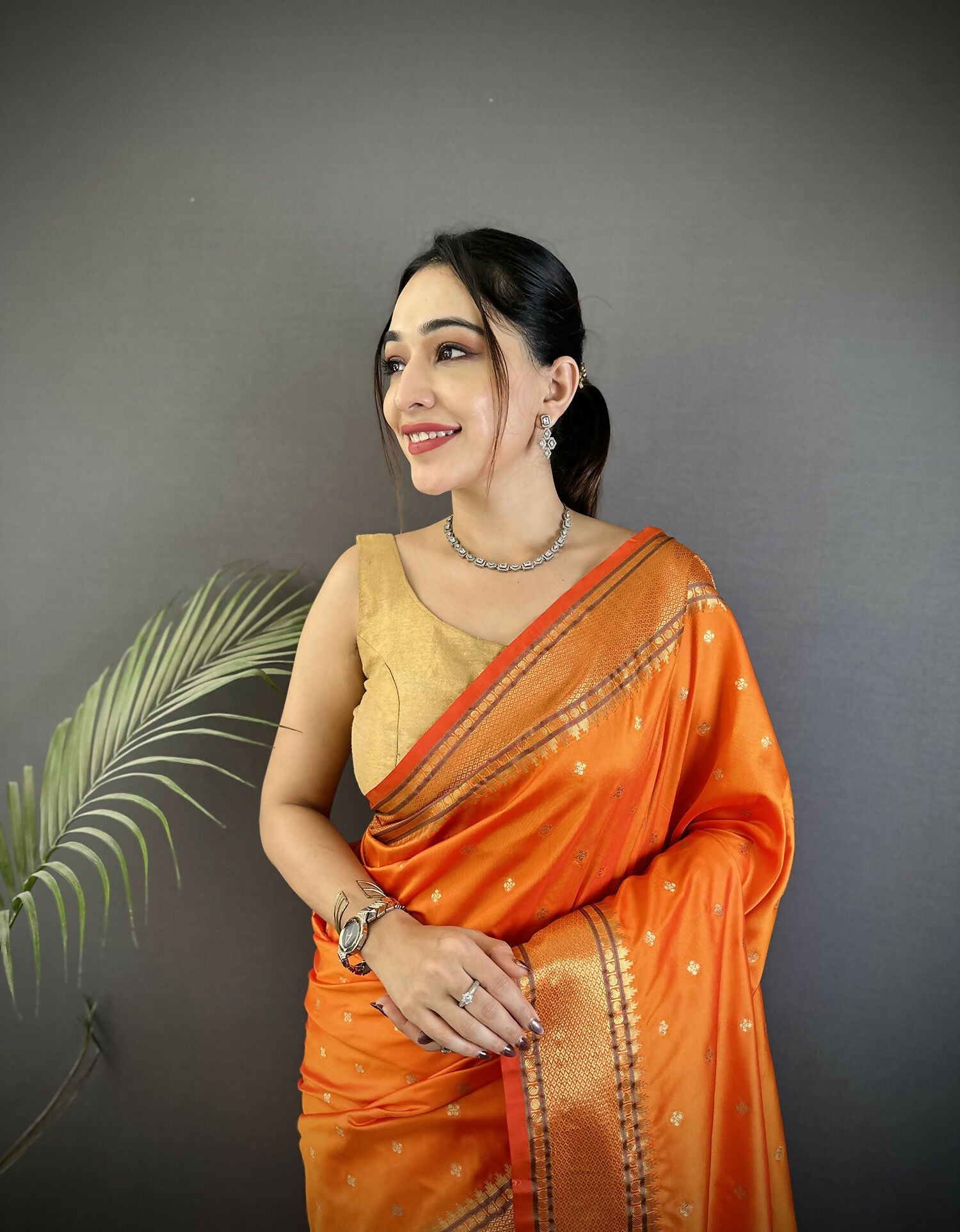 Joban Fashion Orange Butti Woven Soft Lichi Silk Paithani Saree - Distacart