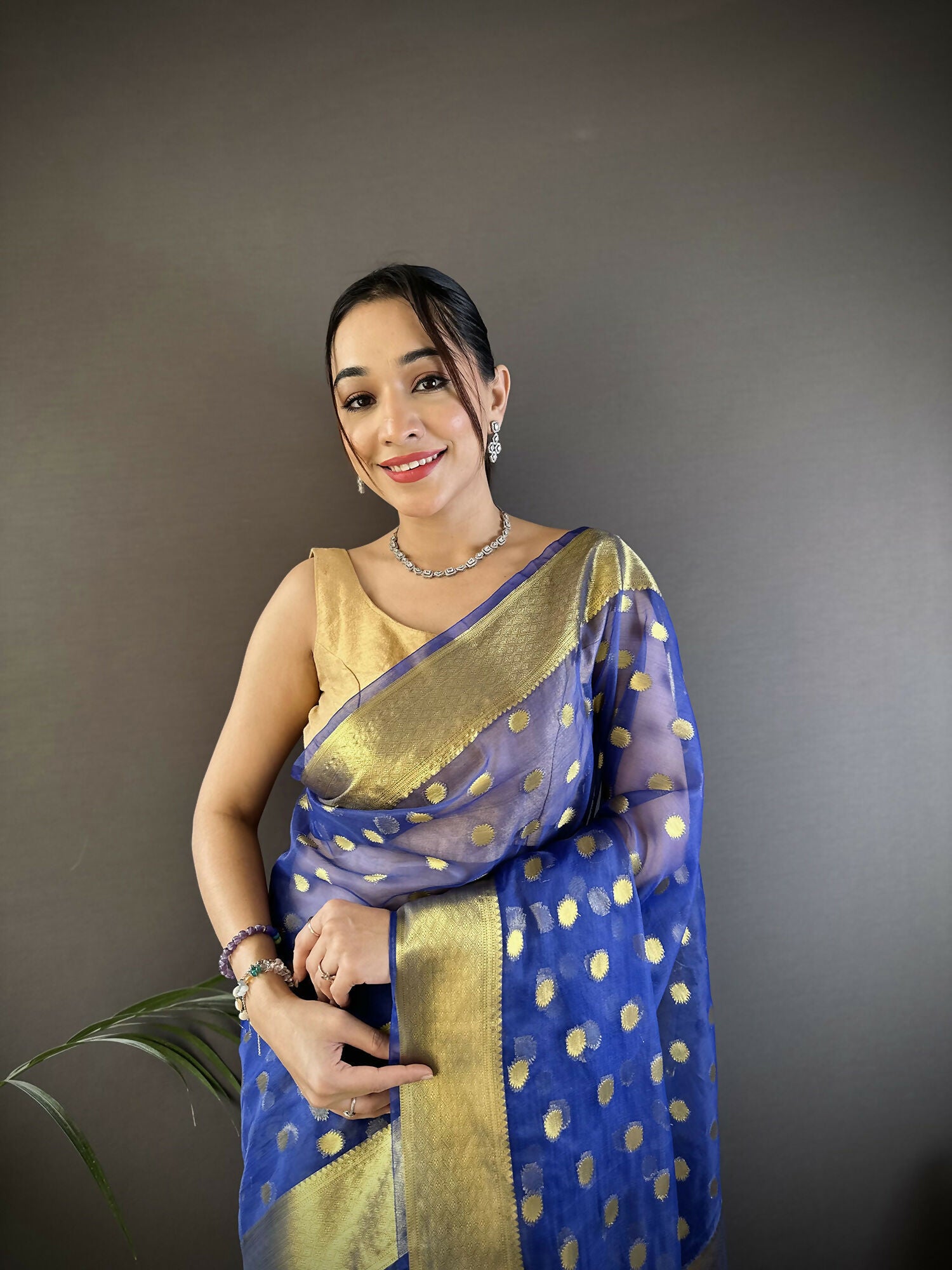 Joban Fashion Royal Blue Polka-Dot Zari Woven Organza Silk Banarasi Silk Saree - Distacart