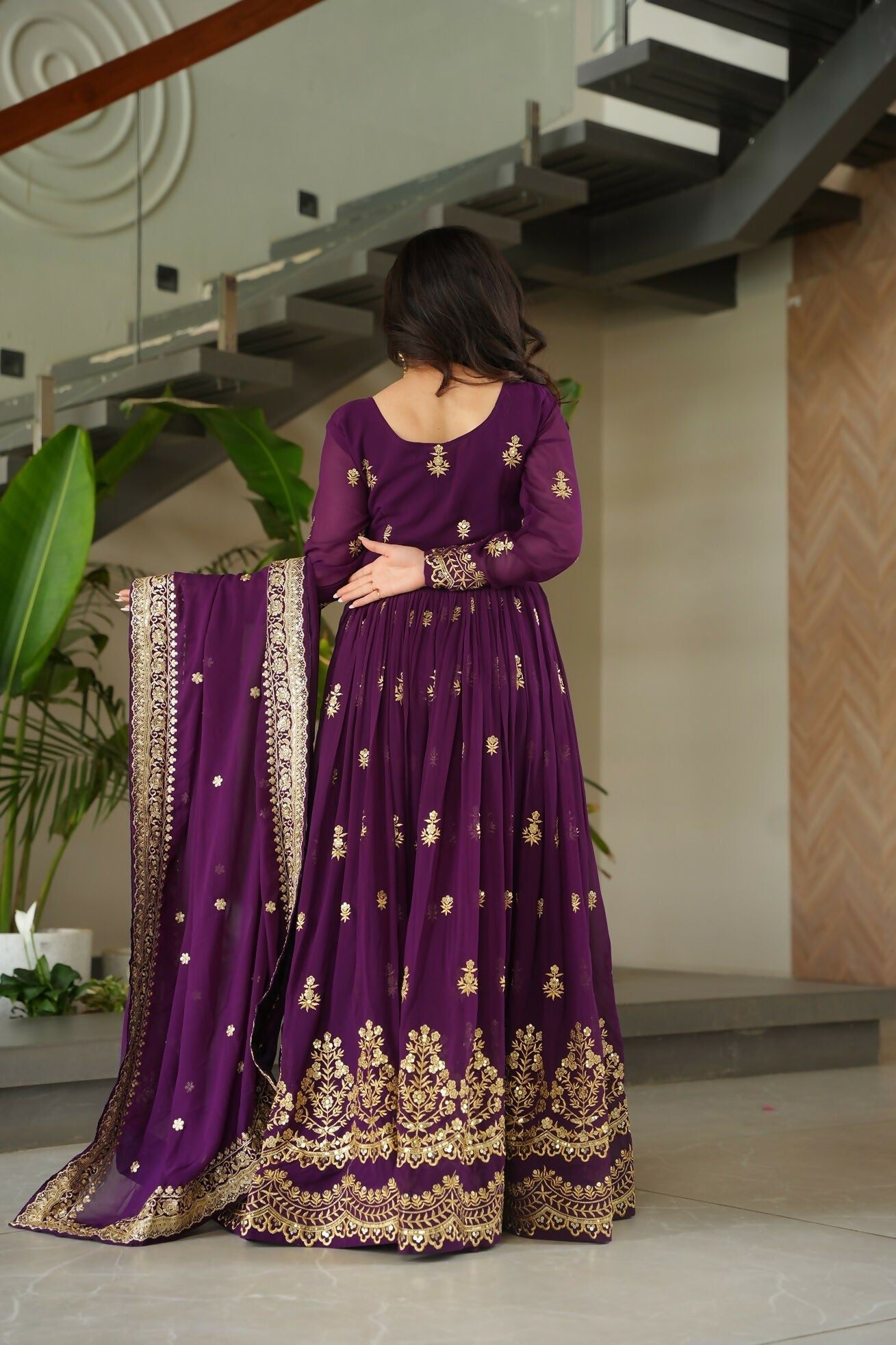 Joban Fashion Purple Georgette Sequence Embroidery Work Kurta Set - Distacart