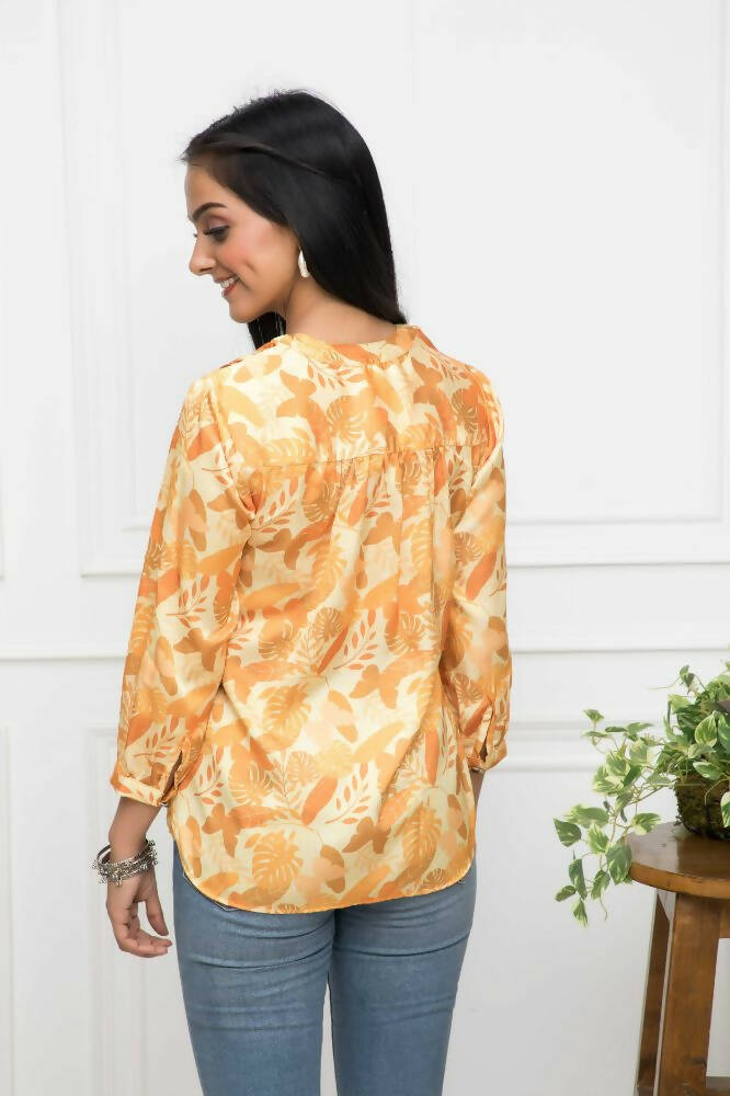 Myshka Women Floral V-Neck Regular Sleeves Polyester Mustard Top - Distacart