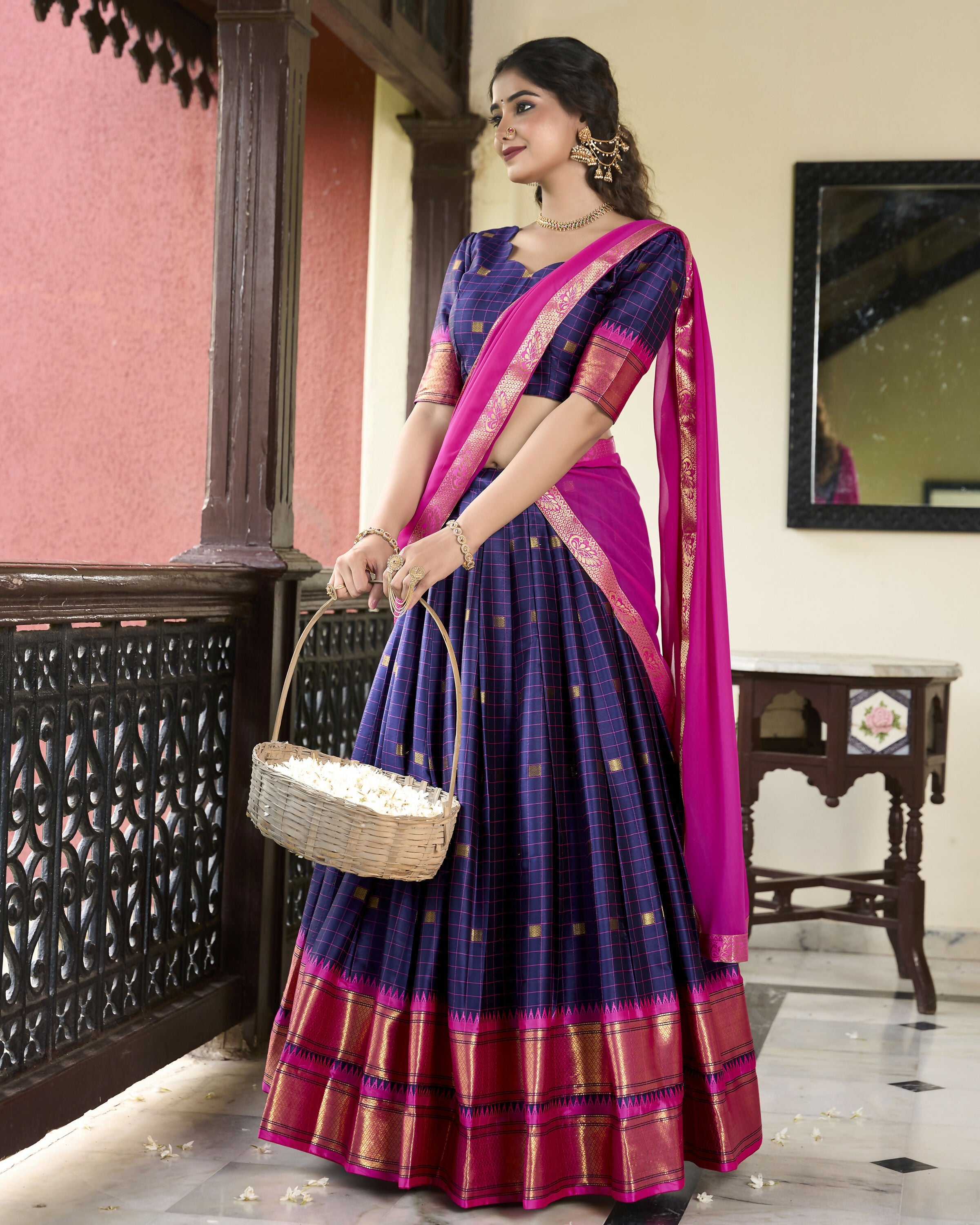 Lorenvalley Navyblue Cotton Silk Weaving Work With Paithani Concept Lehenga Choli