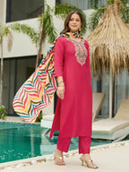 The52 Women's Beautiful Rayon Fabric Embroidery Work Straight Kurta Pant and Dupatta Set - Distacart