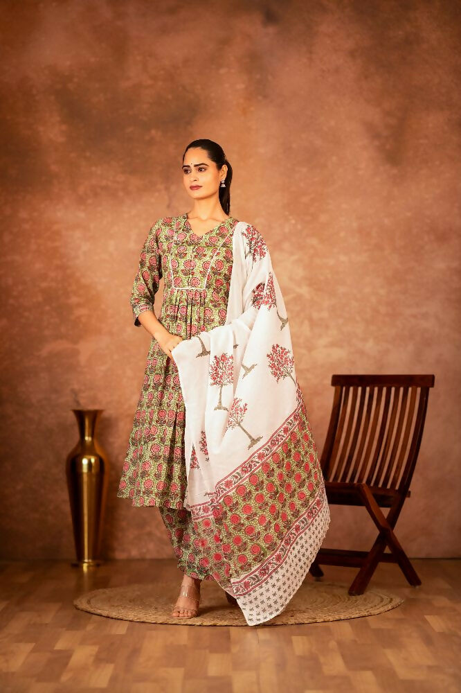 Joban Fashion Green Hand Block Printed Cotton Suit Set - Distacart