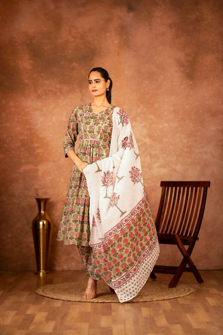 Joban Fashion Green Hand Block Printed Cotton Suit Set