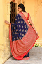 Joban Fashion Navy Blue Crepe Chiffon Pure Handloom Banarasi Silk Saree