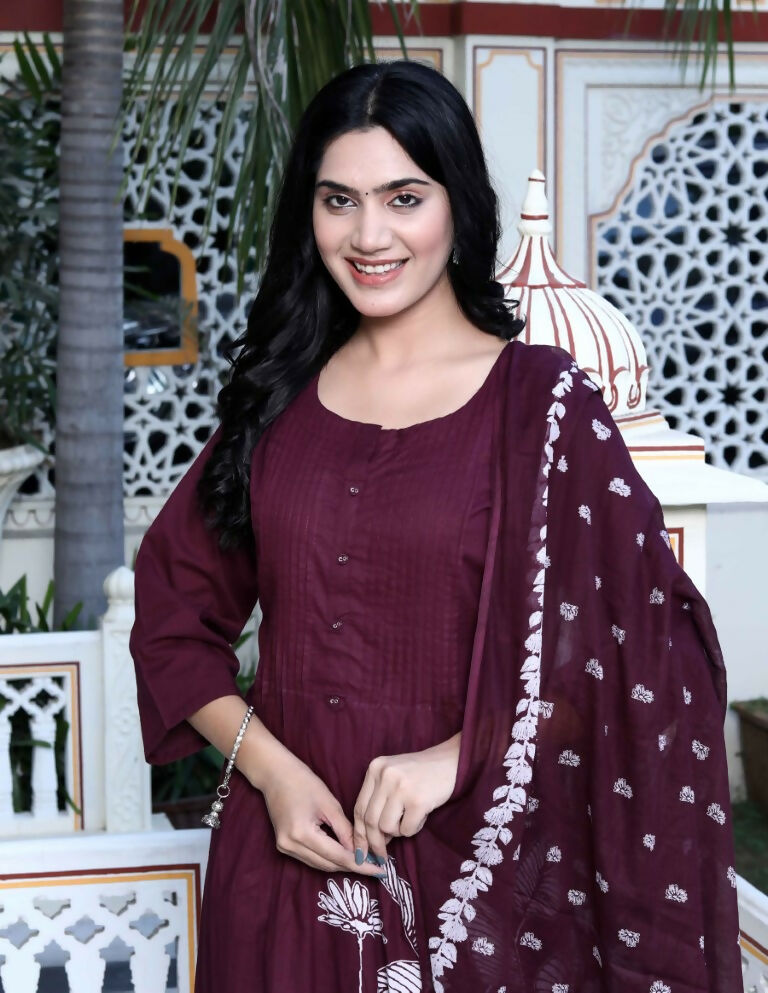 Miravan Women's Wine Pintucks Cotton Floral Elegant Straight Kurta and Palazzo with Dupatta Set
