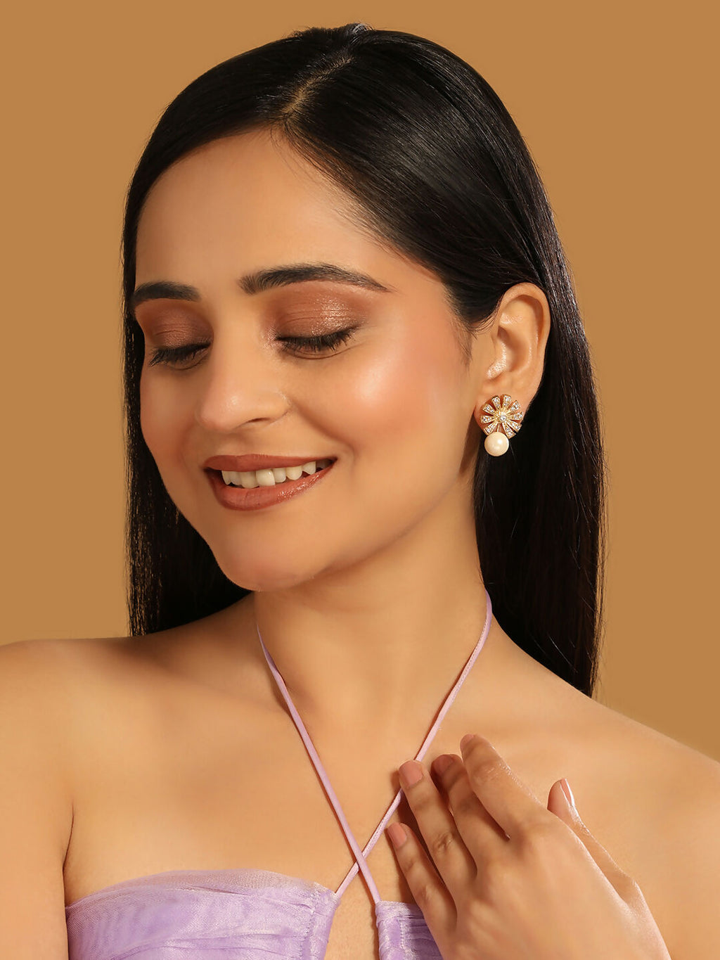Nuyug 22K Gold-Plated Pearl Drop Zircon Floral Shaped Mini Stud Earrings - Distacart