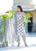 Juniper Women's Grey Floral Printed Cotton Kurta Dhoti Pant & Dupatta Set