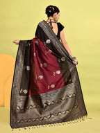 Joban Fashion Maroon & Black Plain With Weaving Border Banarasi Silk Sarees