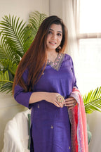 The52 Purple Women's Gorgeous Embroidered Vichitra Fabric Straight Kurta Pant with Dupatta Set - Distacart