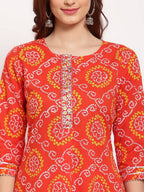 Myshka Women's Orange Printed Cotton 3/4 Sleeve Round Neck Casual Kurta Pant Dupatta Set