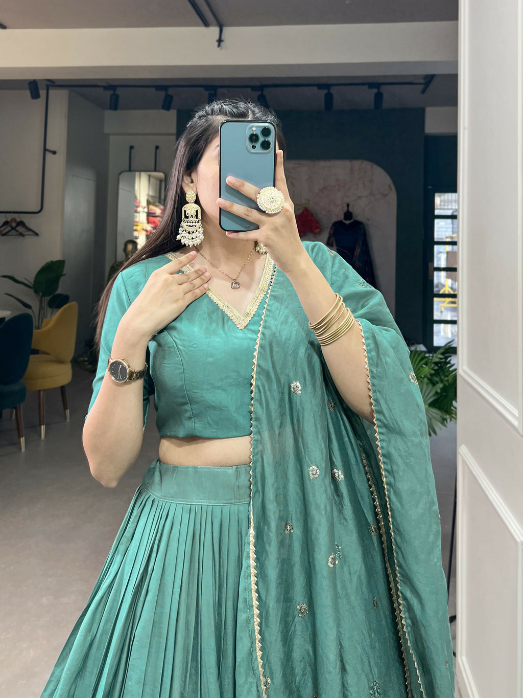 Lorenvalley Seagreen Pure Chanderi Plain With Zari Weaving Work Border Lehenga Choli