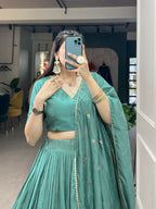 Lorenvalley Seagreen Pure Chanderi Plain With Zari Weaving Work Border Lehenga Choli