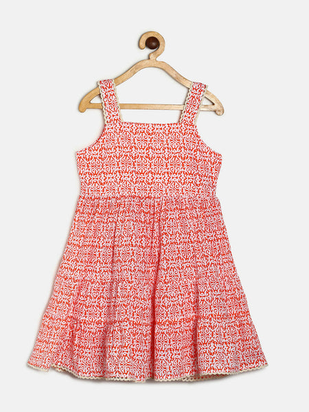 Manet Girls Cotton Layer Frock Printed - Orange