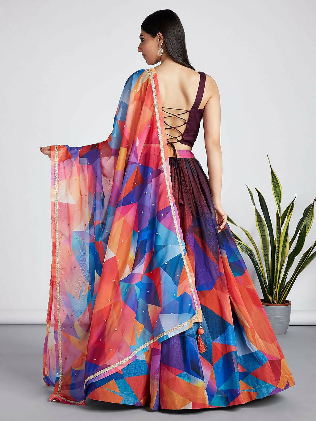House of Panchhi Multi colour Organza Abstrack design digital print Semi-Stitched Lehenga choli & Dupatta