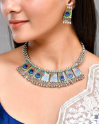 VOJ Silver Plated Oxidized Peacock Print Hasli with Earring Set