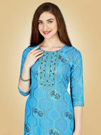 Jyoti Fashion Women's Sky Blue Viscose Rayon Embroidered Kurta Pant Set