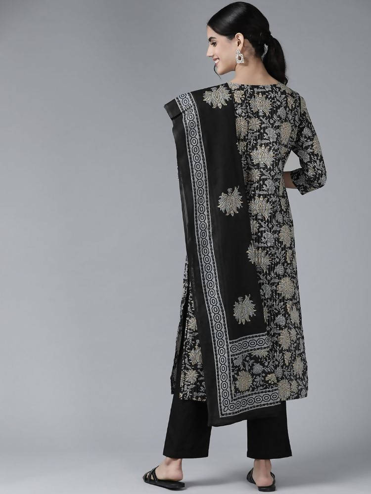 Yufta Women Black Floral Pure Cotton Kurta with Trouser & With Dupatta