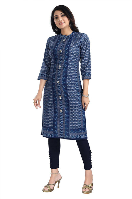 Snehal Creations Blue Designer Digital Print Cotton Slub Fabric Long Kurti Tunic