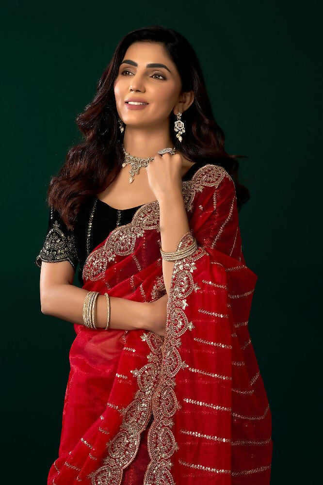 Joban Fashion Red Net Party Wear Sarees - Distacart