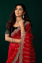 Joban Fashion Red Net Party Wear Sarees - Distacart