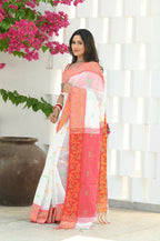 Beatitude White Slub Cotton Floral Jamdani Saree